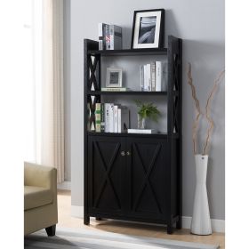 Crosshatch Display, Home Storage Cabinet with Two Top Shelves, Two Door Cabinet in Black