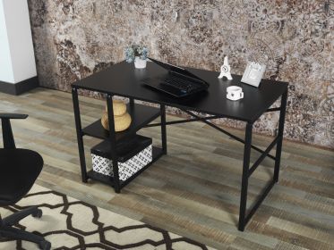 Furnish Home Store Sage Black Metal Frame 47" Wooden Top 2 Shelves Writing and Computer Desk for Home Office, Black