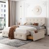 Upholstered Platform Bed with Classic Headboard and 4 Drawers, No Box Spring Needed, Linen Fabric, Queen Size Beige