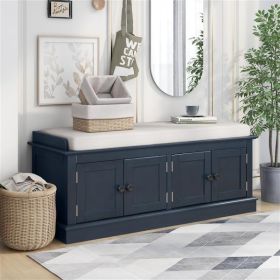 Storage Bench with 4 Doors and Adjustable Shelves, Shoe Bench with Removable Cushion for Living Room, Entryway (Antique Navy)