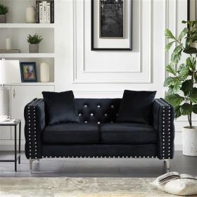 59.4 Inch Wide Black Velvet Sofa with Jeweled buttons,Square Arm ,2 Pillows