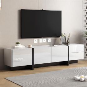 [VIDEO provided] White & Black Contemporary Rectangle Design TV Stand, Unique Style TV Console Table for TVs Up to 80'', Modern TV Cabinet with High G