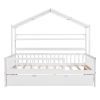 Wooden Full Size House Bed with Twin Size Trundle,Kids Bed with Shelf, White