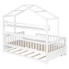 Wooden Twin Size House Bed with Trundle,Kids Bed with Shelf, White