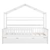 Wooden Twin Size House Bed with Trundle,Kids Bed with Shelf, White