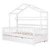 Wooden Twin Size House Bed with Trundle,Kids Bed with Shelf, White