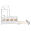 Wooden Full Size House Bed with Twin Size Trundle,Kids Bed with Shelf, White