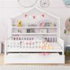 Wooden Full Size House Bed with Twin Size Trundle,Kids Bed with Shelf, White