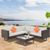 4-pieces Outdoor Wicker Sofa Set; Patio Furniture with Colorful Pillows; L-shape sofa set; Beige cushions and Brown Rattan