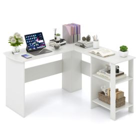 Large Modern L-shaped Computer Desk with 2 Cable Holes and 2 Storage Shelves (Color: White)