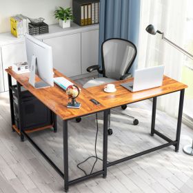 L-Shaped Desktop Computer Desk with Power Outlets & Shelf Tiger wood (Color: as picture)