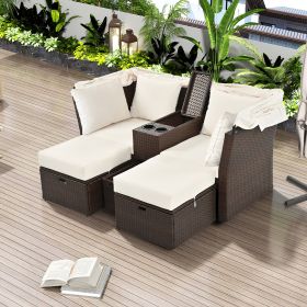 2-Seater Outdoor Patio Daybed Outdoor Double Daybed Outdoor Loveseat Sofa Set with Foldable Awning and Cushions for Garden, Balcony, Poolside (Color: Beige)