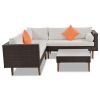 4-pieces Outdoor Wicker Sofa Set; Patio Furniture with Colorful Pillows; L-shape sofa set; Beige cushions and Brown Rattan